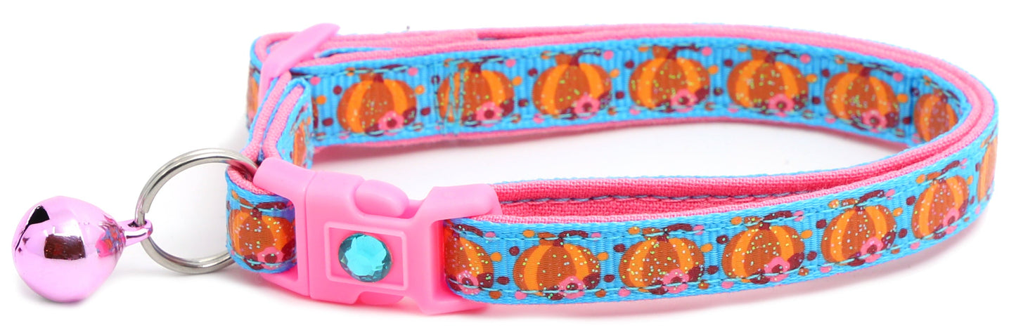 Pumpkins and Pink Flowers Breakaway Cat Collar-1