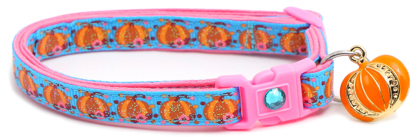 Pumpkins and Pink Flowers Breakaway Cat Collar-2
