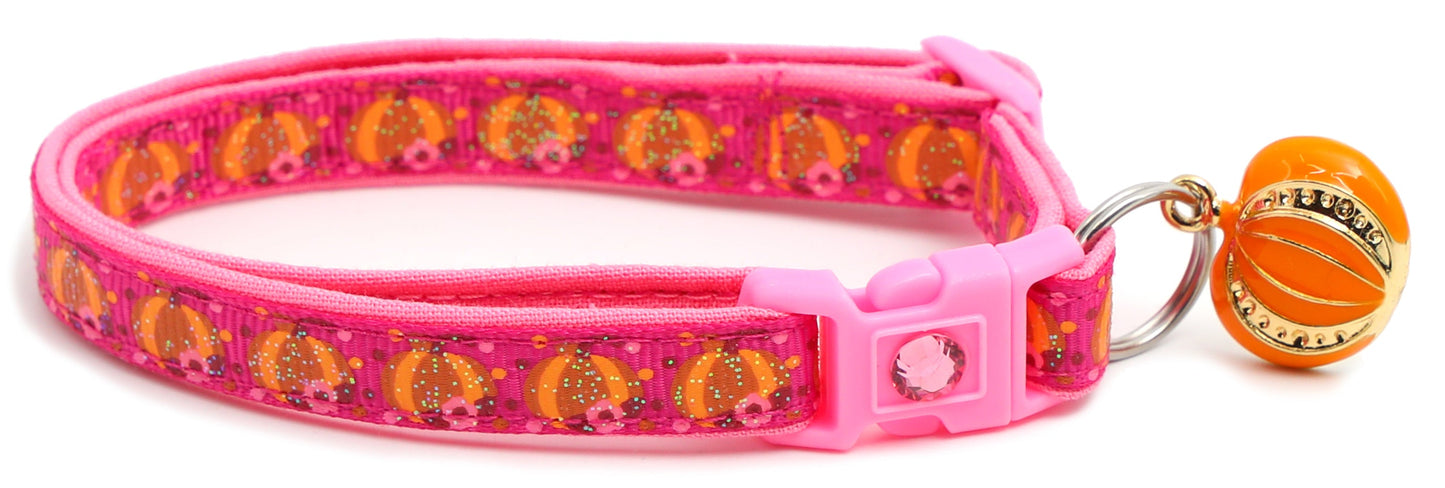 Pumpkins and Pink Flowers Breakaway Cat Collar-12