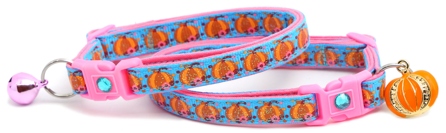 Pumpkins and Pink Flowers Breakaway Cat Collar-3