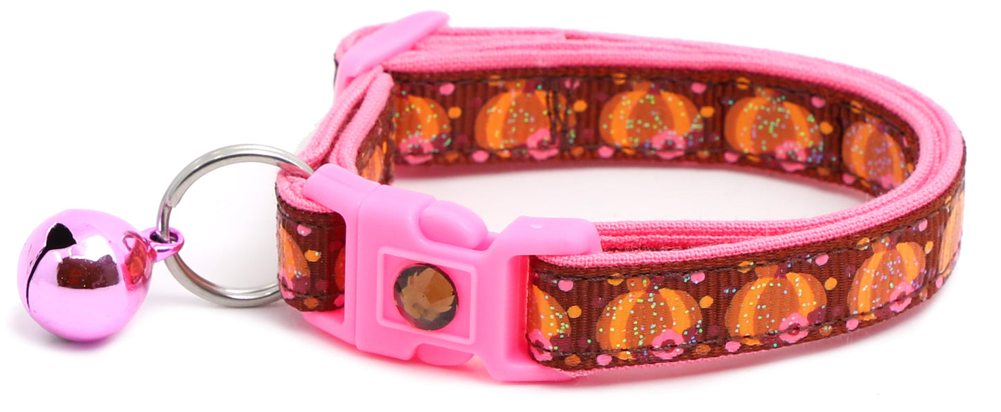 Pumpkins and Pink Flowers Breakaway Cat Collar-6