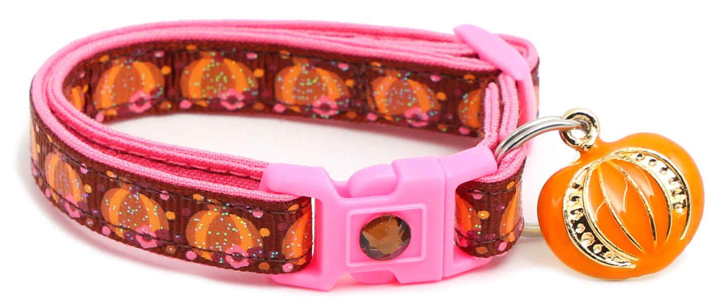 Pumpkins and Pink Flowers Breakaway Cat Collar-11