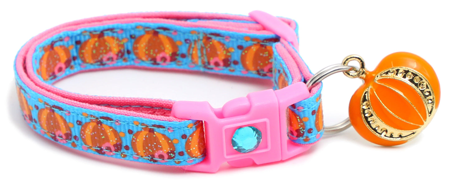 Pumpkins and Pink Flowers Breakaway Cat Collar-9