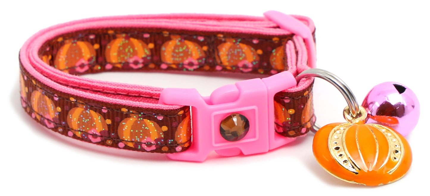 Pumpkins and Pink Flowers Breakaway Cat Collar-16
