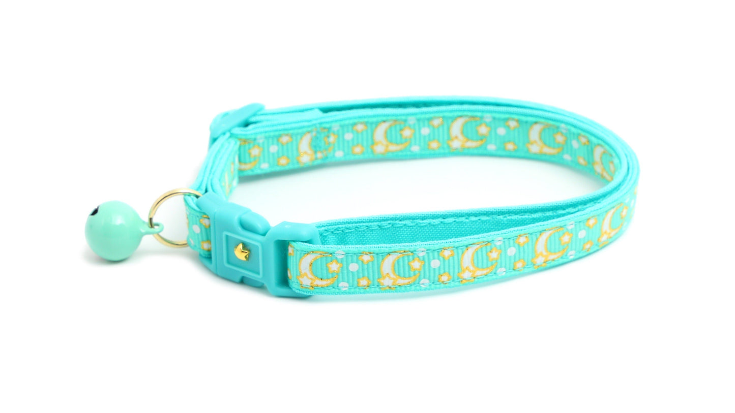 Gold Moons and Stars on Aqua V2 Cat Collar-3
