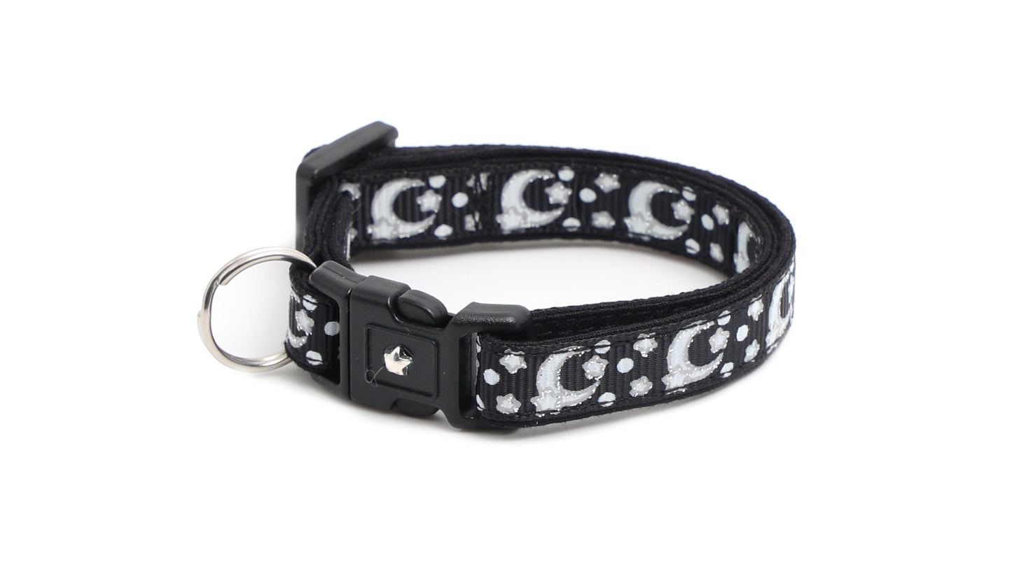 Silver Moons and Stars on Black Cat Collar-8
