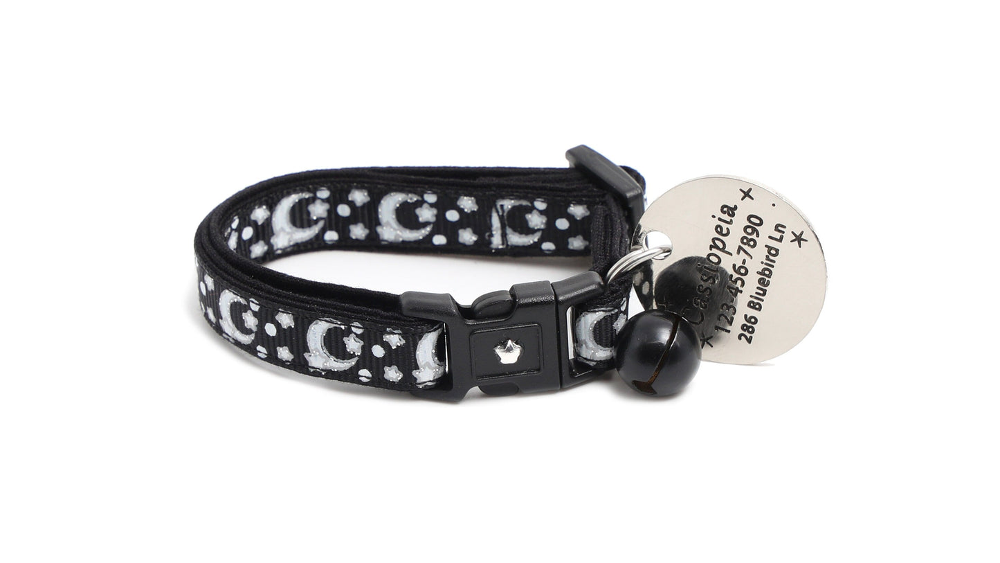 Silver Moons and Stars on Black Cat Collar-6