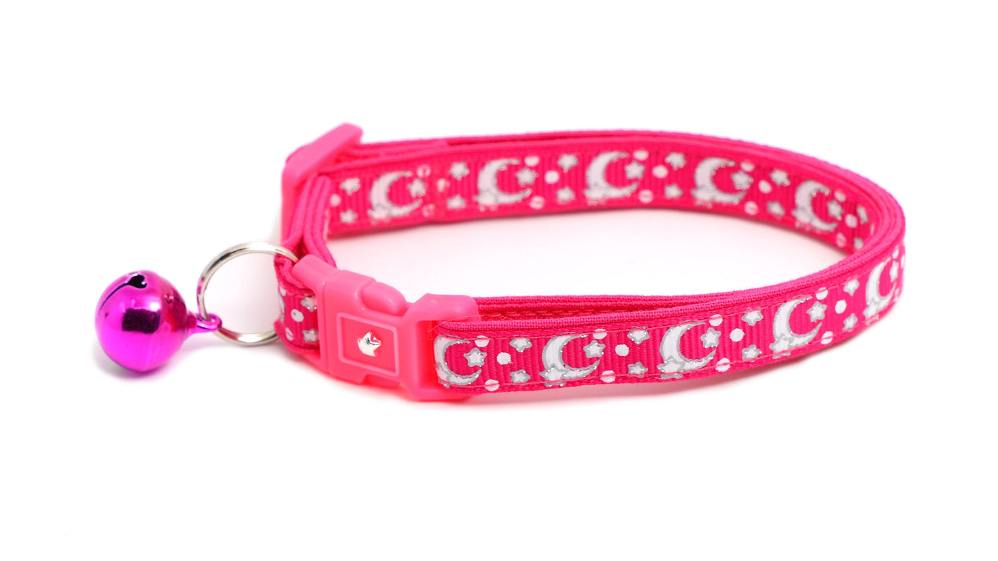 Silver Moons and Stars on Hot Pink Cat Collar-3