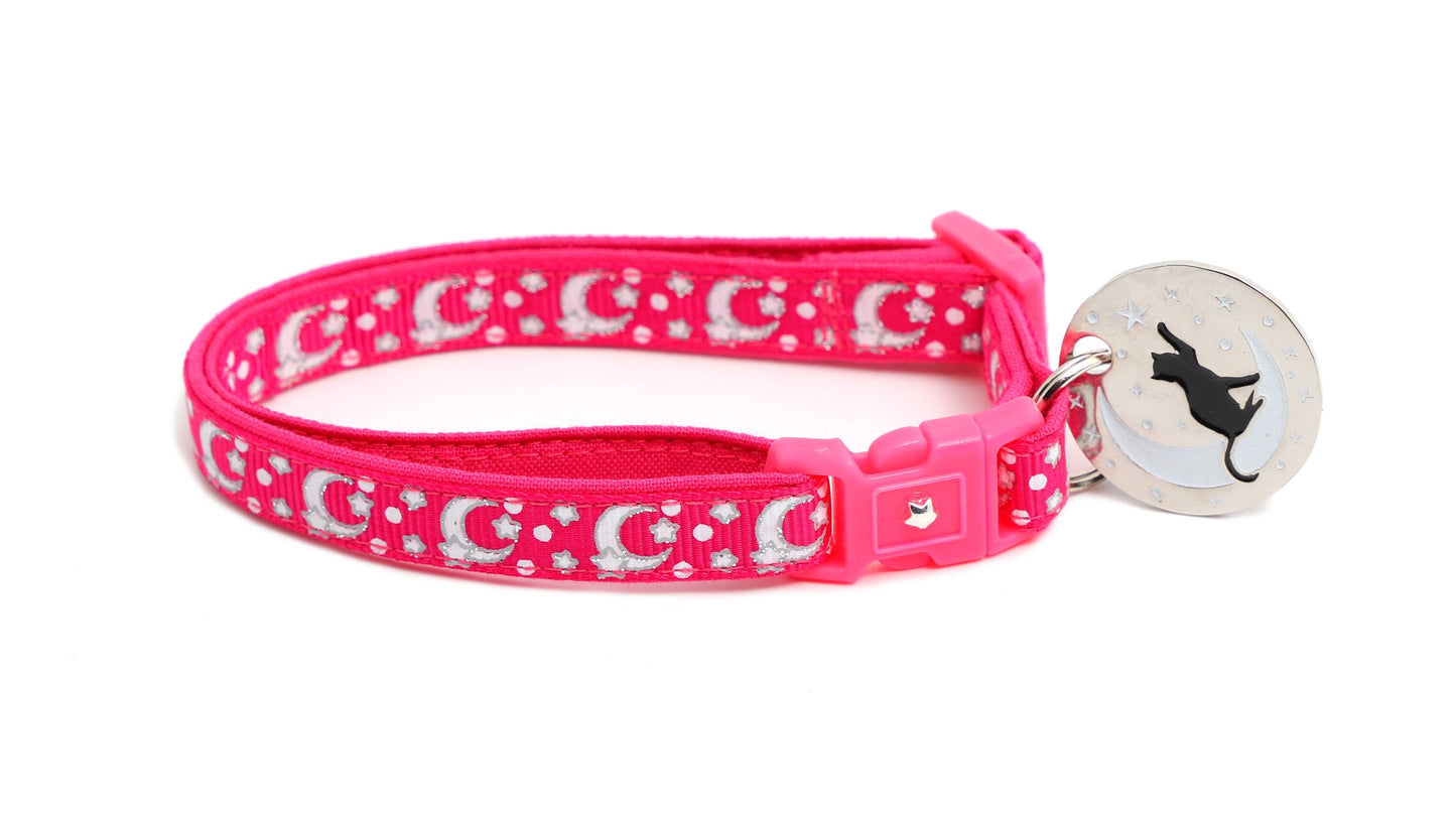 Silver Moons and Stars on Hot Pink Cat Collar-4