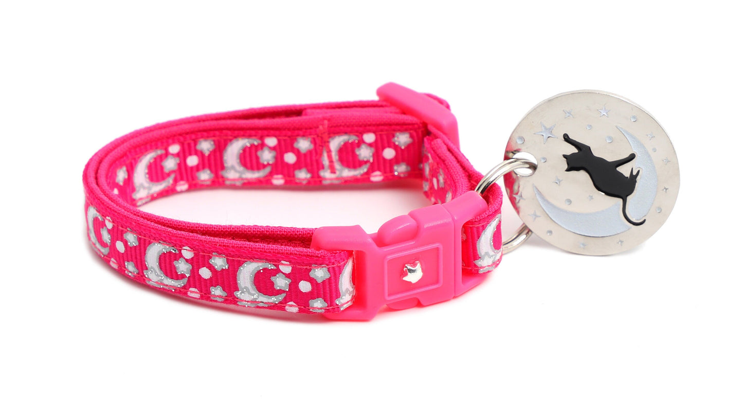 Silver Moons and Stars on Hot Pink Cat Collar-1