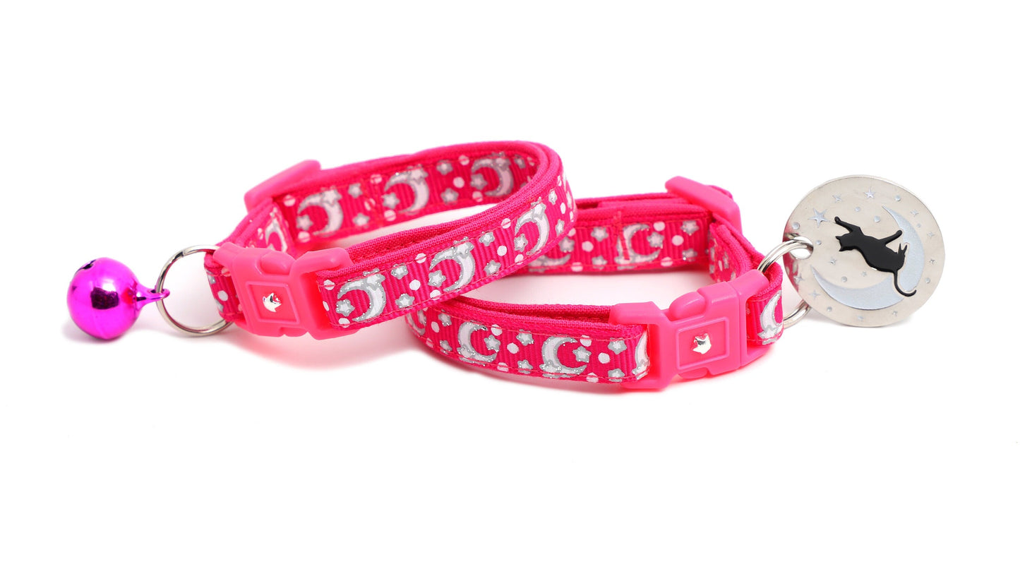Silver Moons and Stars on Hot Pink Cat Collar-2