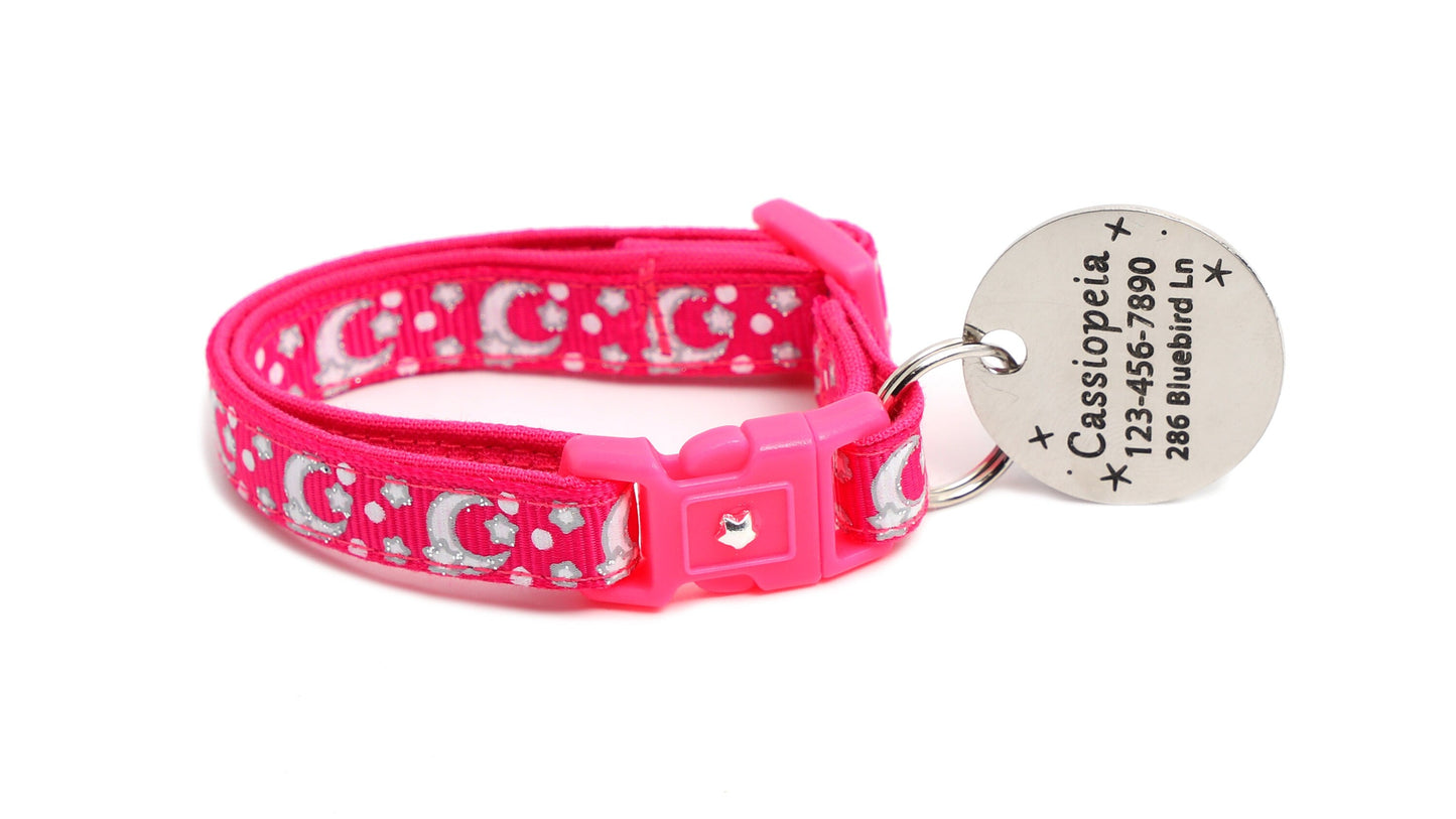 Silver Moons and Stars on Hot Pink Cat Collar-6