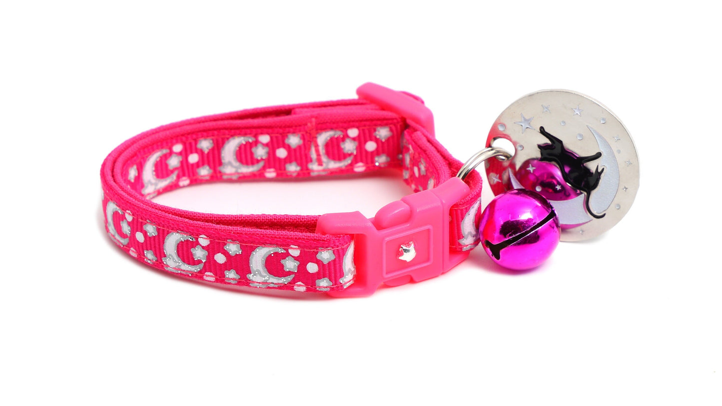 Silver Moons and Stars on Hot Pink Cat Collar-5