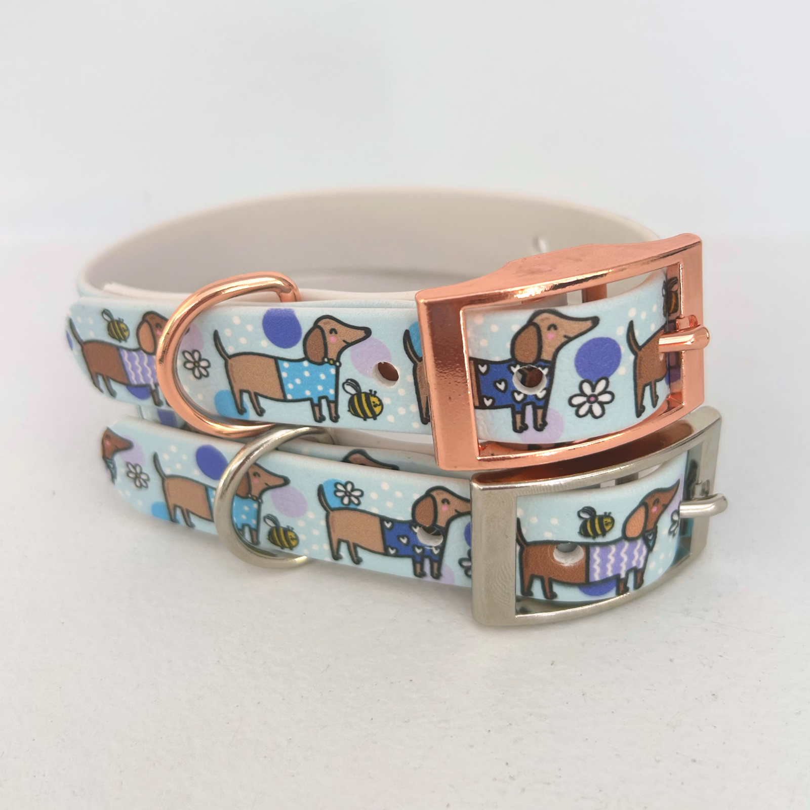 Bee Happy Dachshunds Blue Handmade Dog Collar-1