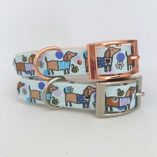 Bee Happy Dachshunds Blue Handmade Dog Collar-0