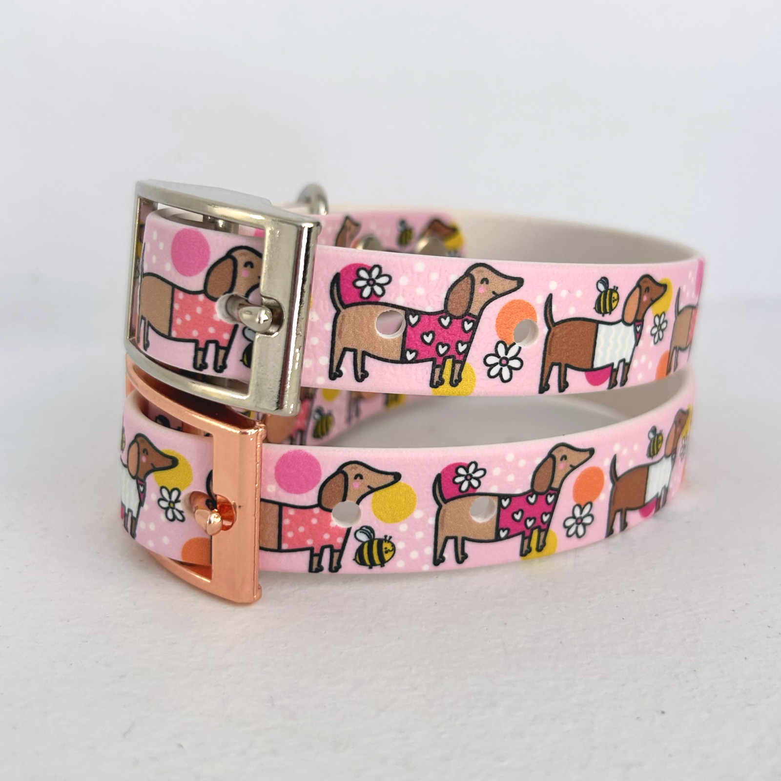 Bee Happy Dachshunds Pink Handmade Dog Collar-4