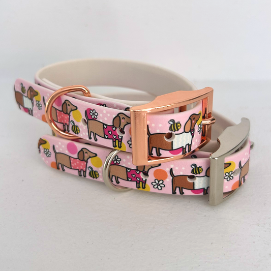 Bee Happy Dachshunds Pink Handmade Dog Collar-0