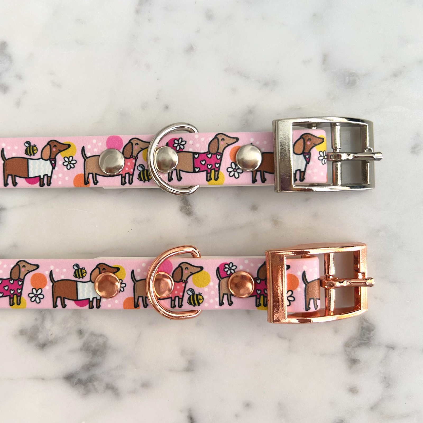 Bee Happy Dachshunds Pink Handmade Dog Collar-3