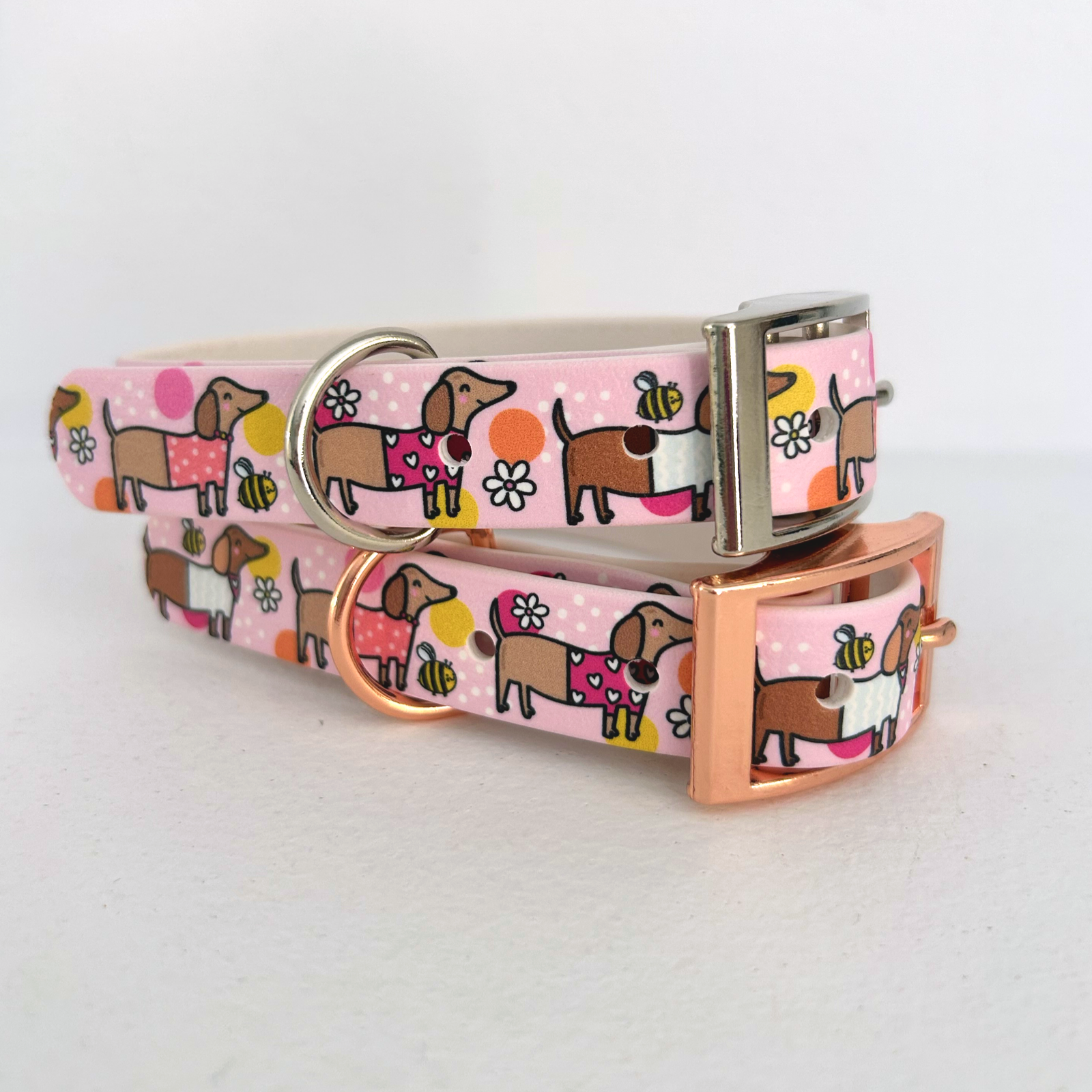 Bee Happy Dachshunds Pink Handmade Dog Collar-1