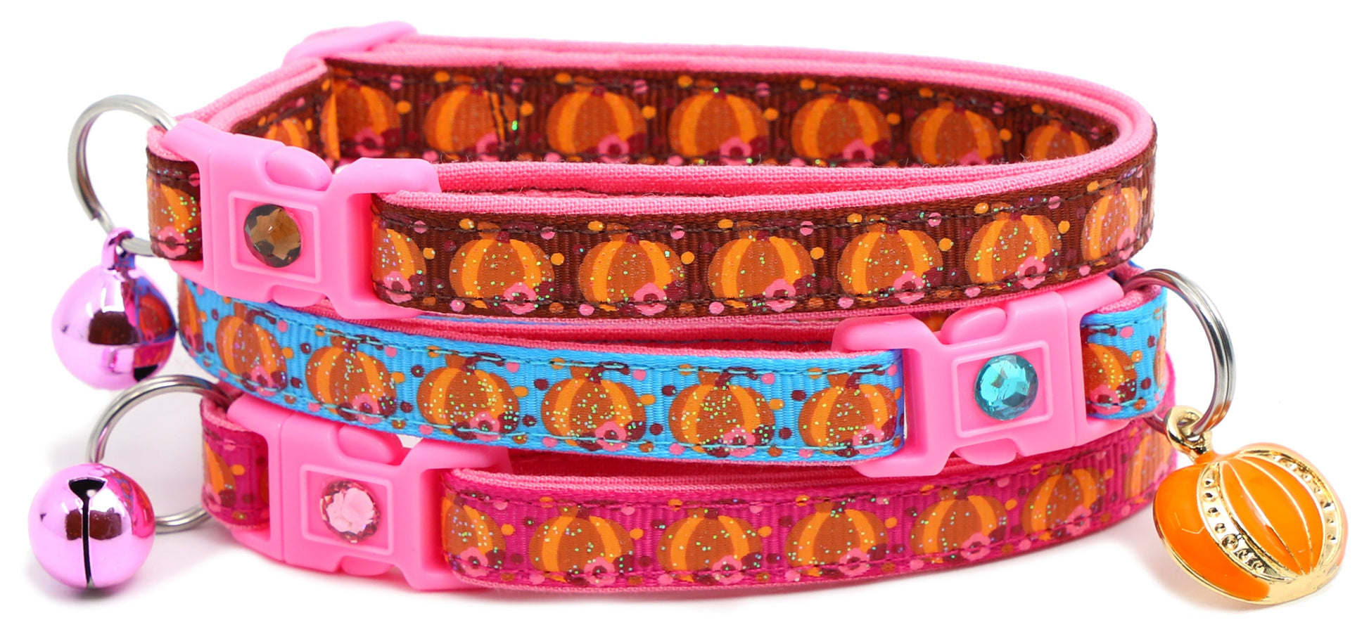 Pumpkins and Pink Flowers Breakaway Cat Collar-0